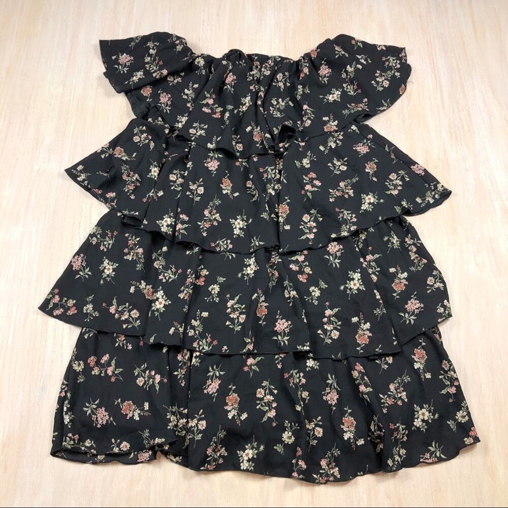 NWT She + Sky Black Floral Tiered Off Shoulder Ruffle Boho Chic Dress Small